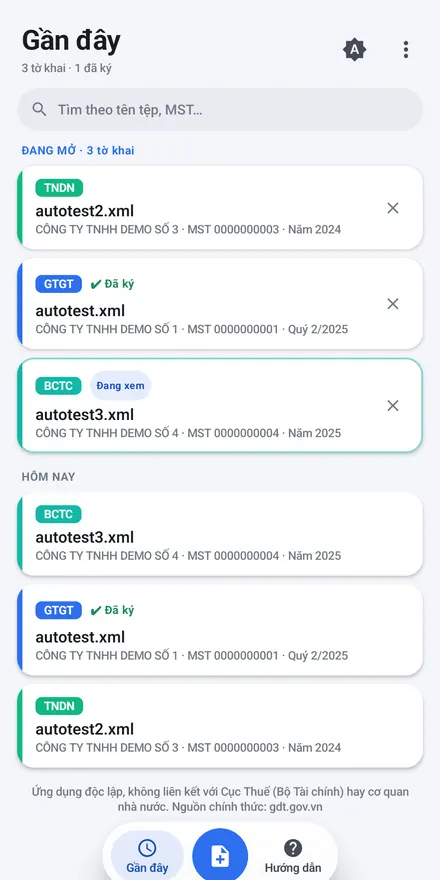 Android — ngăn kéo danh sách tờ khai đang mở & gần đây