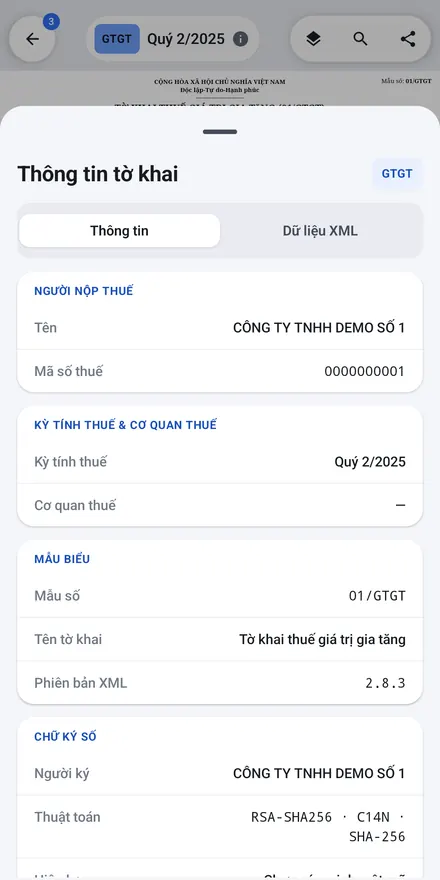 Android — bảng thông tin tờ khai kèm chữ ký số