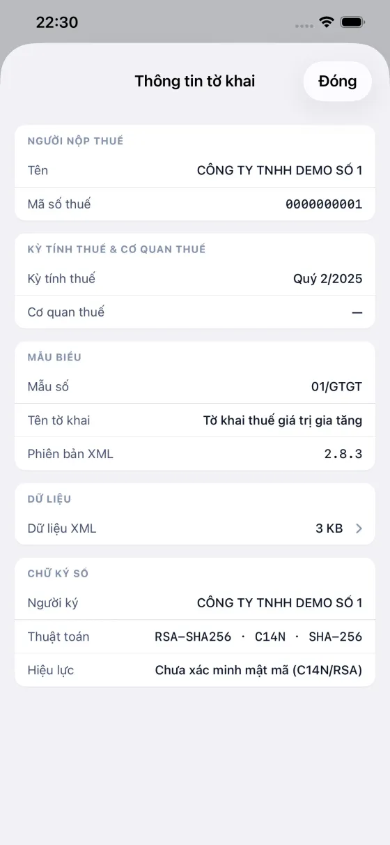 iPhone — bảng thông tin tờ khai kèm chữ ký số