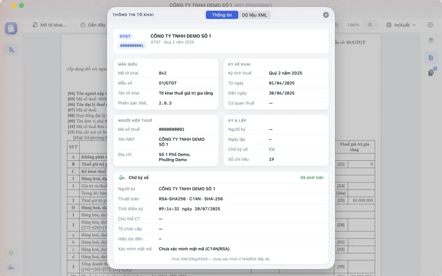 macOS — bảng thông tin tờ khai kèm chữ ký số