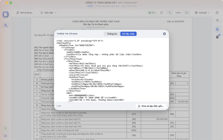 macOS — tab dữ liệu XML thô